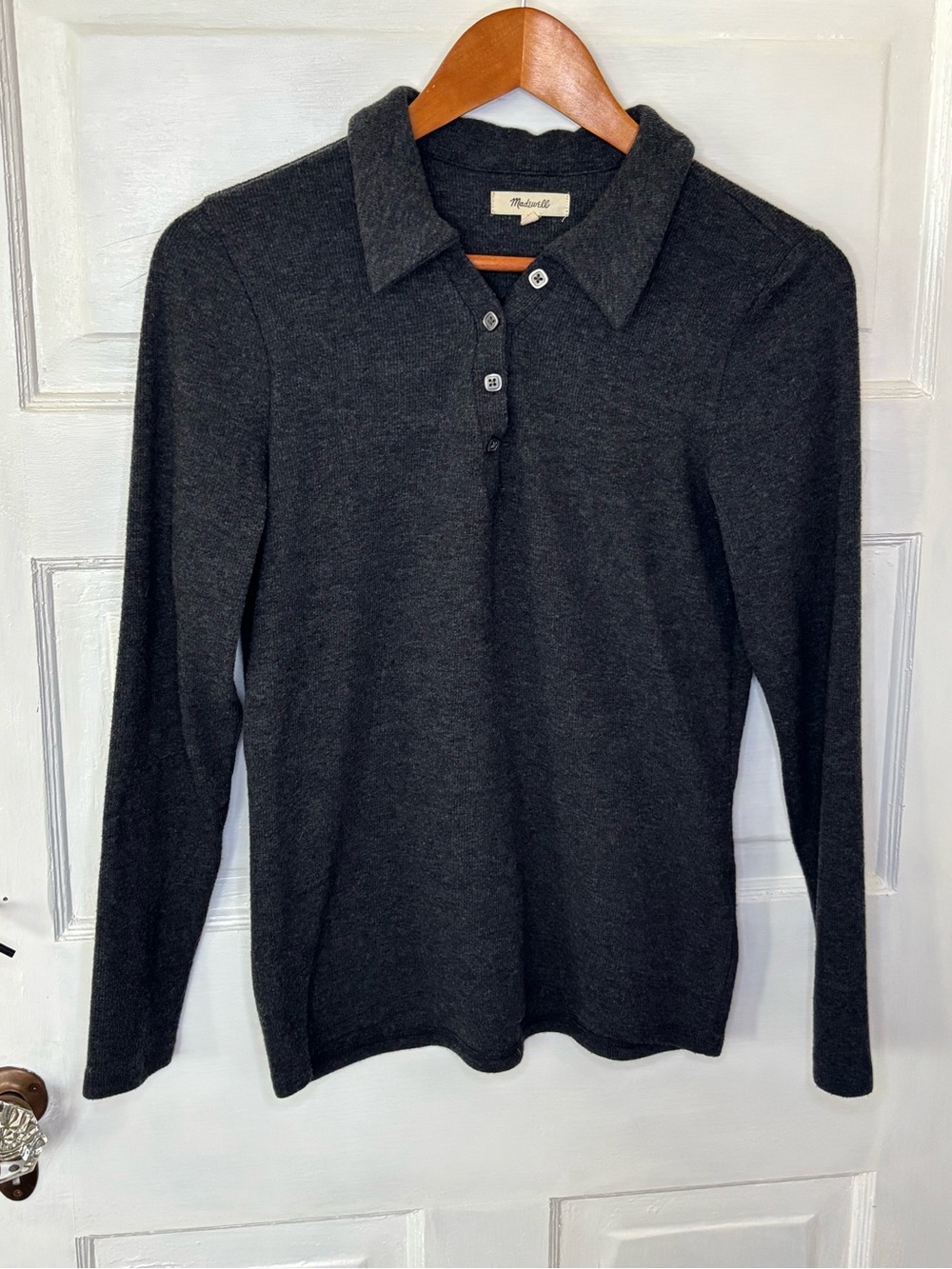 Madewell Charcoal Ribbed Knit Collared Button Placket Long Sleeve Sweater